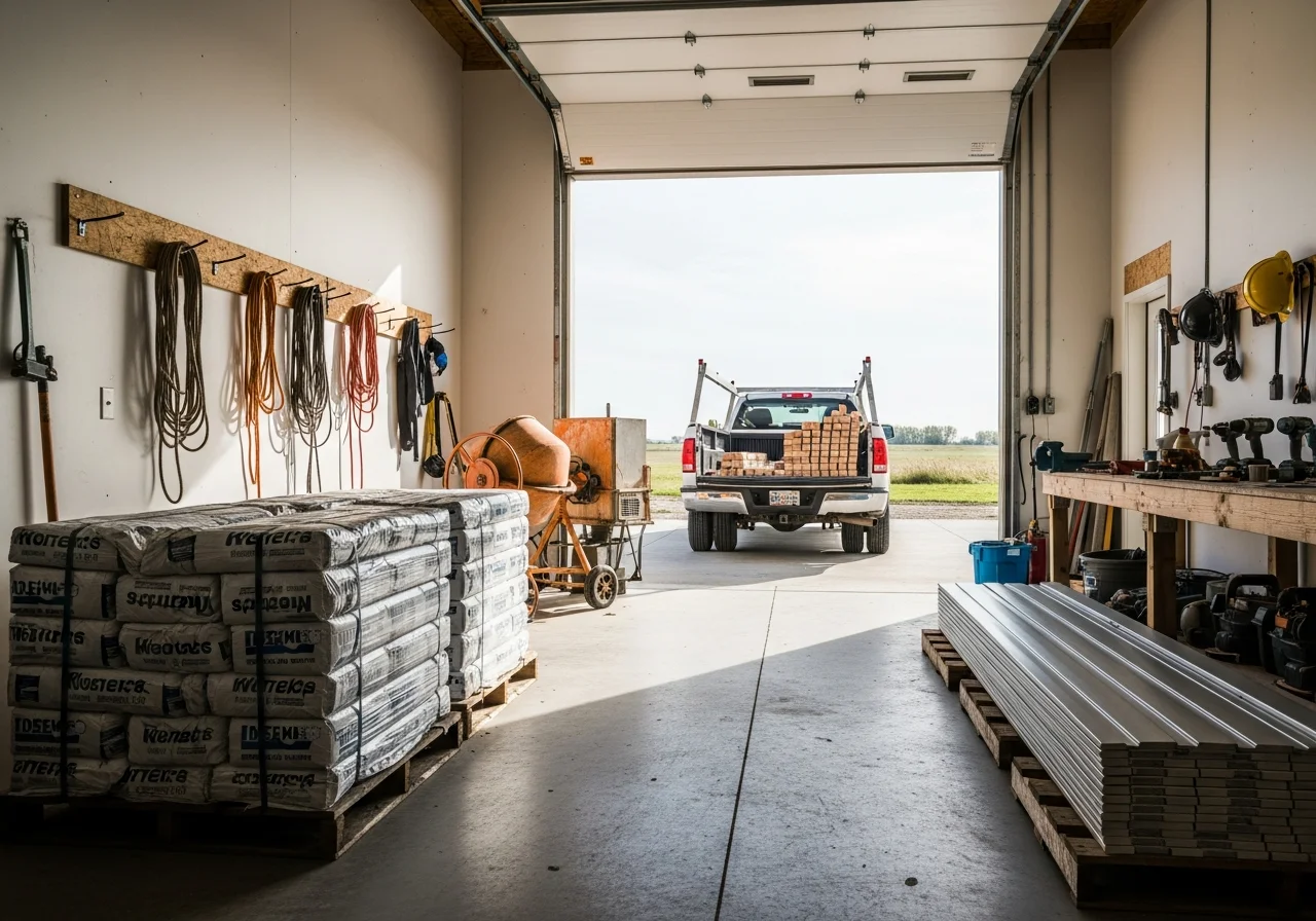 Construction crew and tools ready for residential remodeling work. Shop floor with equipment and materials for roofing, siding, and concrete projects.