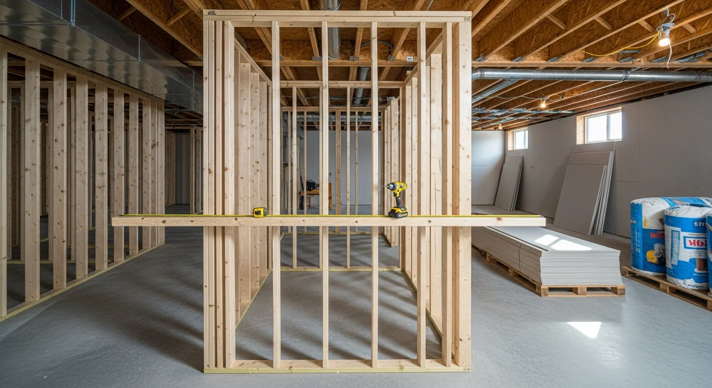 A newly finished basement in a Beresford, SD home showing framed and drywalled walls, recessed ceiling lighting, and luxury vinyl plank flooring. The space is set up as a family room with natural light coming through a ground-level window.