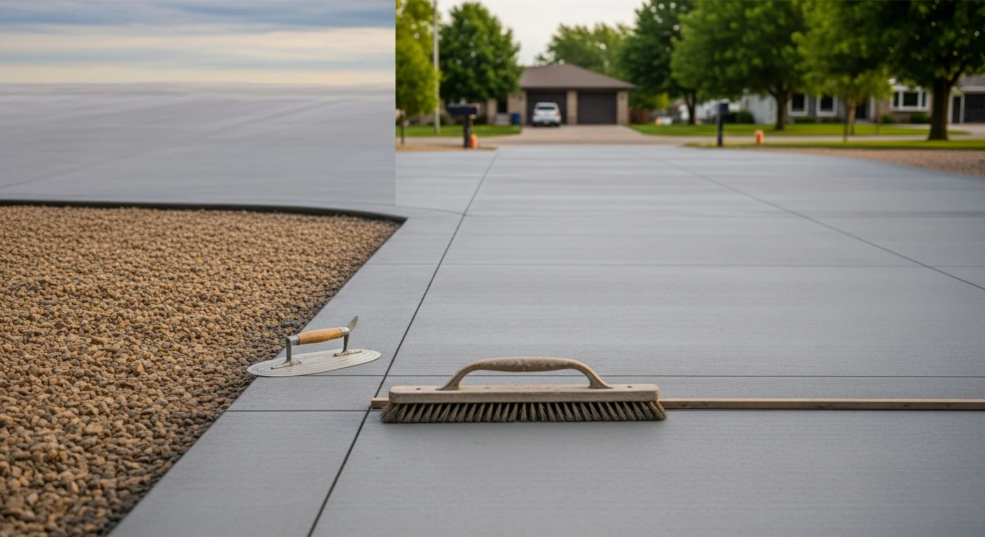A freshly finished concrete driveway at a residential property in Beresford, SD, showing a smooth, even surface with clean edges. The surrounding yard reflects a typical South Dakota single-family home setting.