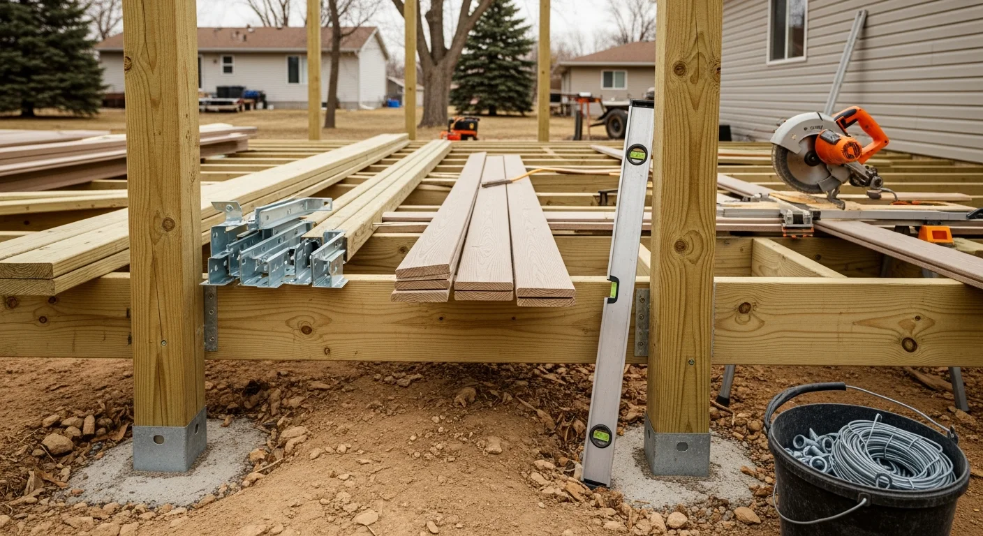 A newly installed wood deck attached to the back of a single-family home in Beresford, SD, with post-and-rail framing and open yard space visible. The deck shows clean framing lines and a finished decking surface ready for outdoor use.