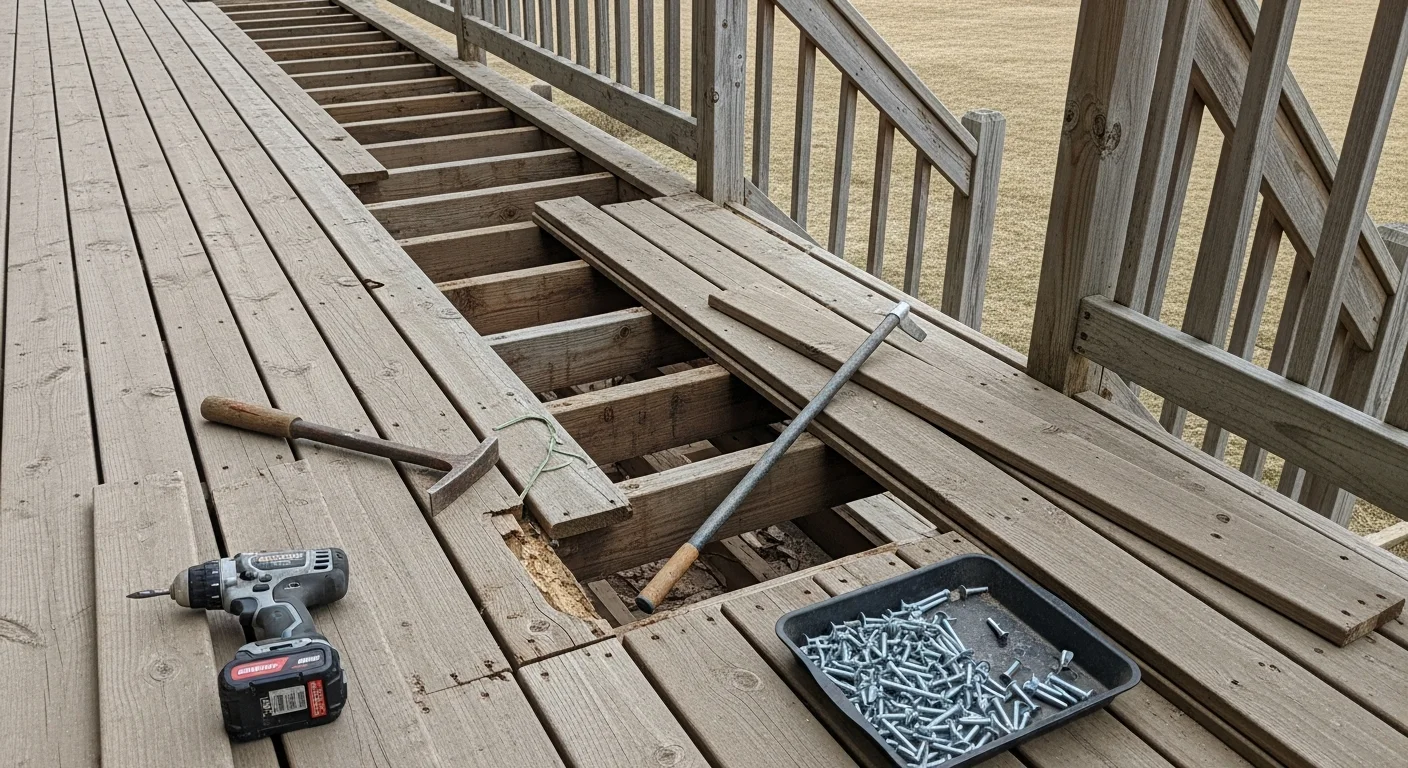 A repaired residential deck in Beresford, SD with replaced boards and secured railing posts on a single-family home. New decking sits flush alongside existing boards after structural repairs by BB Construction LLC.