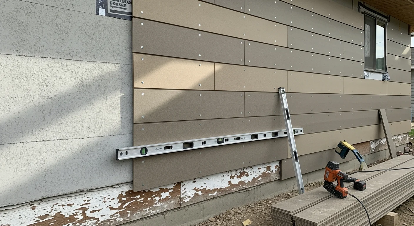 A Beresford, SD single-family home with newly installed exterior cladding covering the full front and side walls. The installation shows clean, level courses with tight seams and no gaps at the corners or window trim.