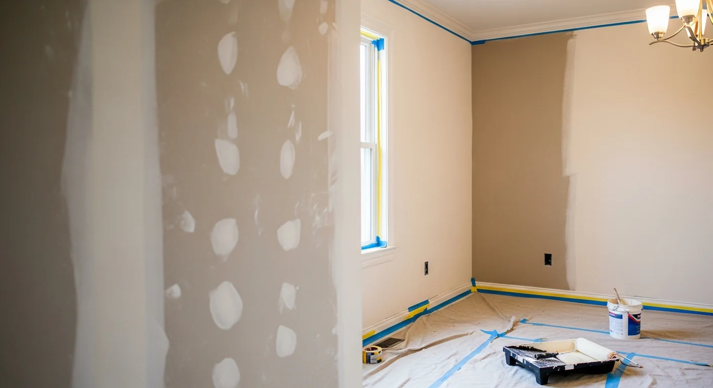 Interior room of an older single-family home in Beresford, SD with freshly painted walls in a neutral color. A painter from BB Construction LLC applies a smooth, even coat to a living room wall using a roller.