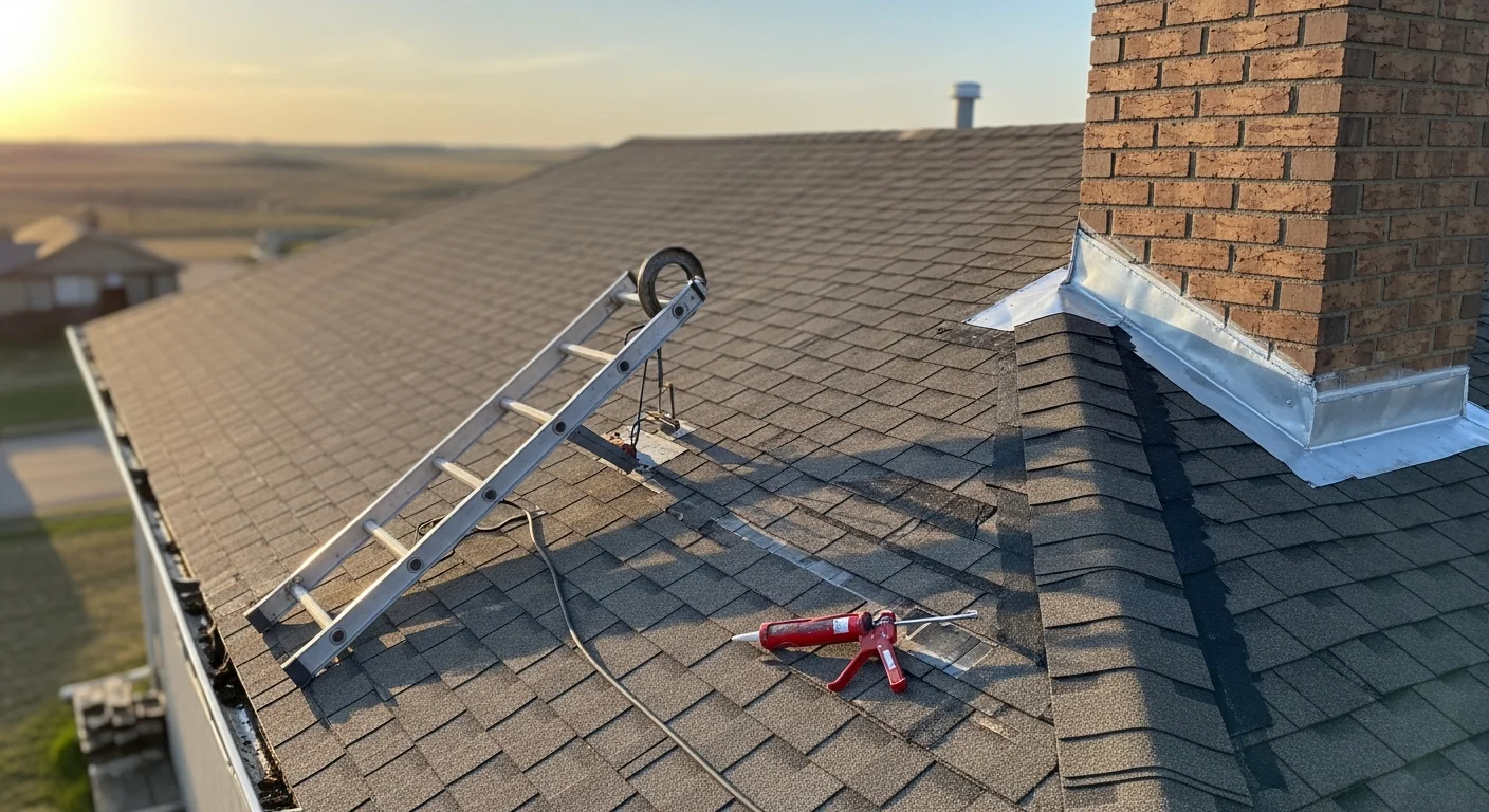 A roofer from BB Construction LLC inspecting and repairing damaged flashing and shingles on a residential home in Beresford, SD. Close-up view of the repaired roof section showing sealed valleys and secured shingles after storm damage.