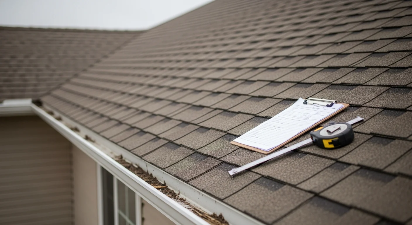 A BB Construction LLC roofer inspecting shingles and flashing on a residential home in Beresford, SD. Close-up view of the roof surface showing areas being evaluated for hail and wind damage.