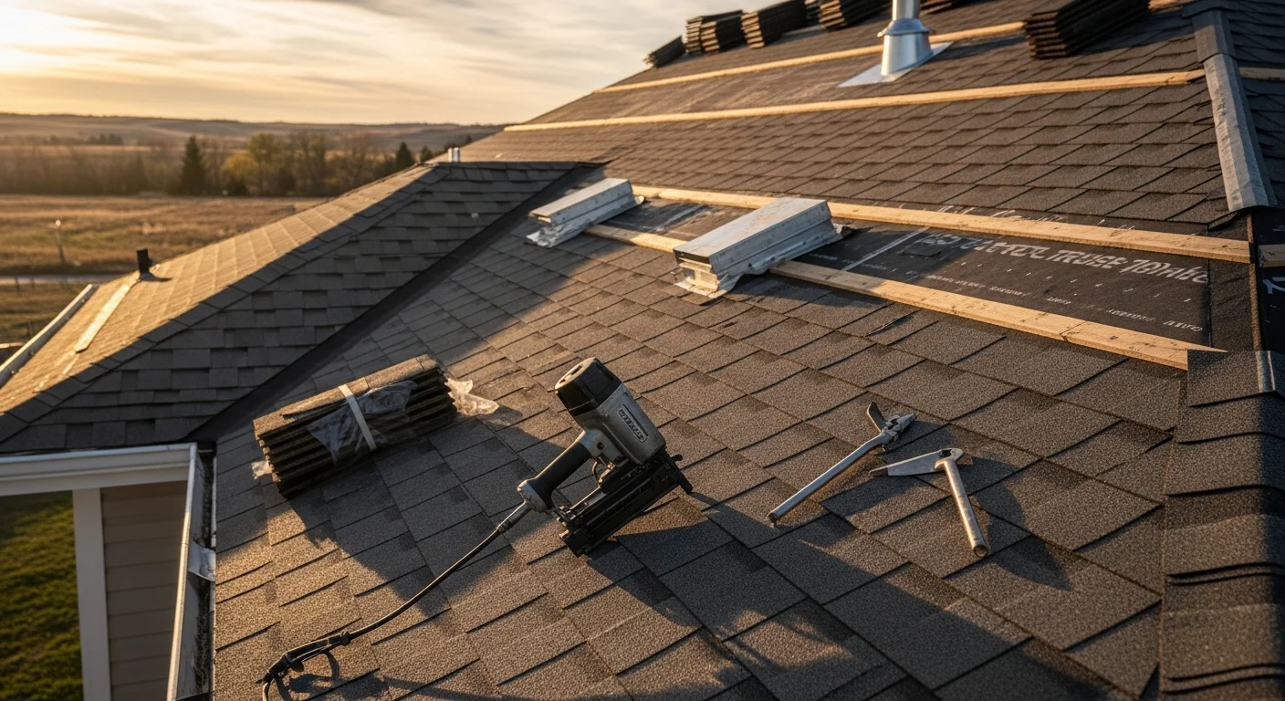 A completed residential roof installation on a ranch-style home in Beresford, SD, showing full surface coverage, finished ridge line, and properly set flashing along the eaves and valleys.