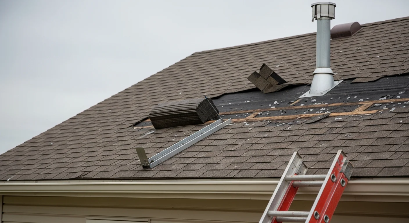 A roofing contractor from BB Construction LLC repairing storm-damaged shingles on a residential home in Beresford, SD. Close-up view shows replaced shingles and resealed flashing along the roof edge after hail damage.