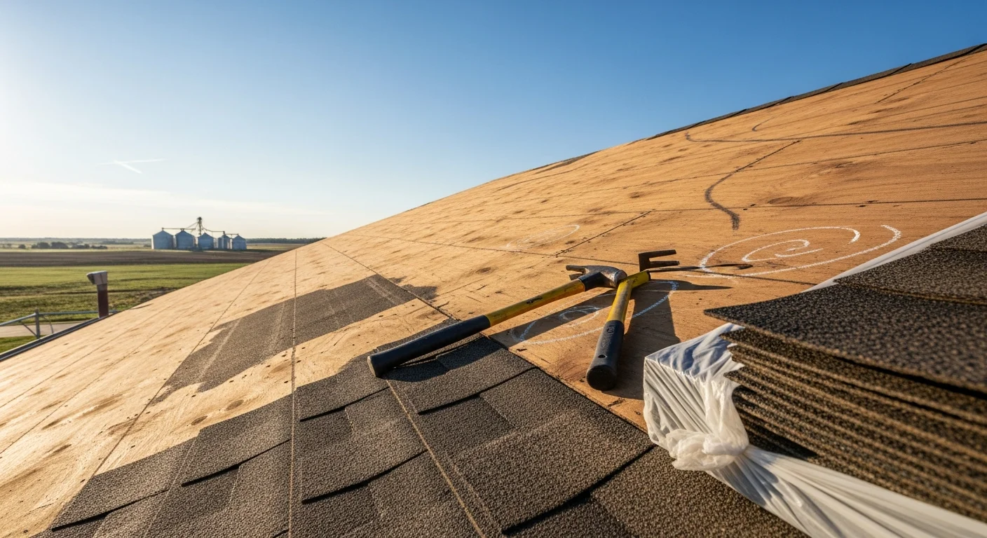 A completed roof replacement on a single-family home in Beresford, SD, showing a fully installed new roofing system with clean ridge lines and uniform field coverage. The home sits against a typical southeast South Dakota sky, with no visible damage, missing material, or sagging along the roofline.