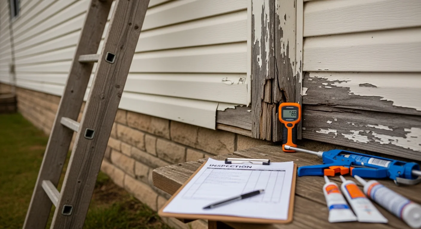 A BB Construction LLC contractor inspecting the exterior siding panels of an older single-family home in Beresford, SD. The inspector examines seams and corners near a window for signs of cracking, moisture, or loose fasteners.